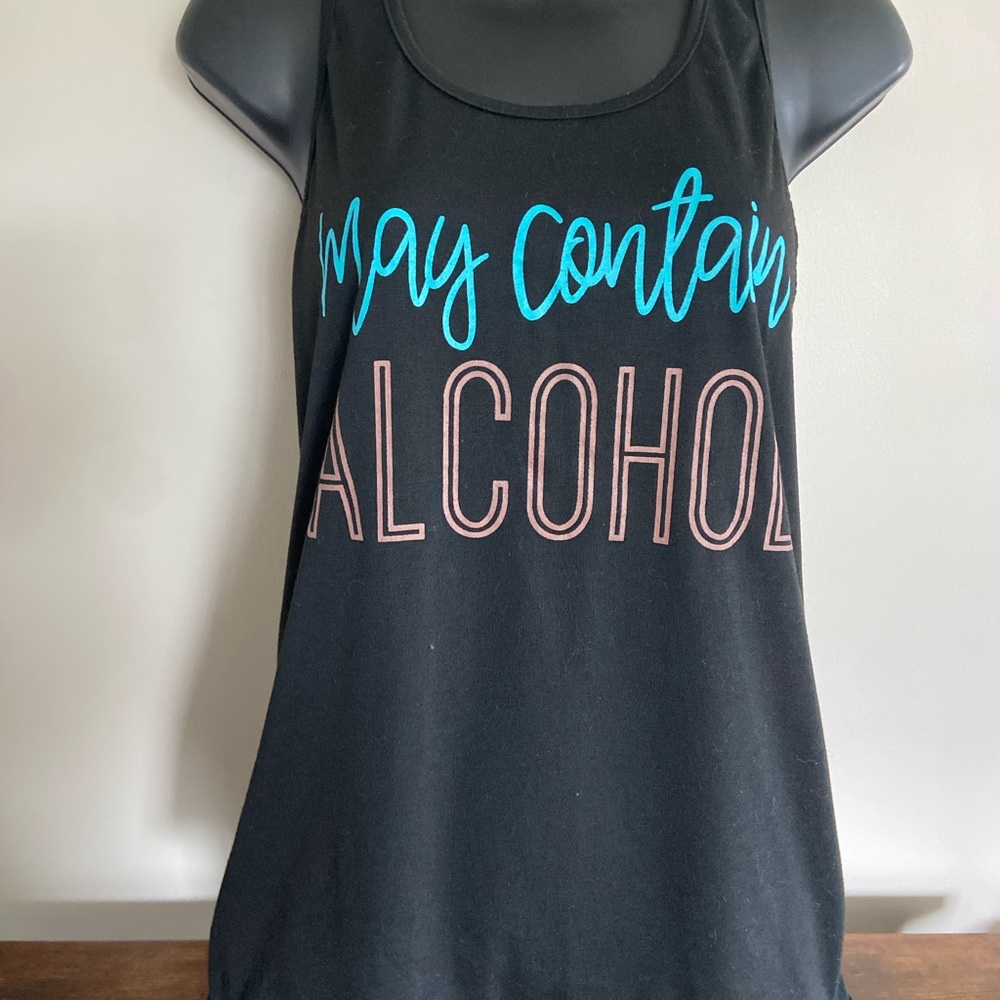 Black Tank Top with "May Contain Alcohol" Script